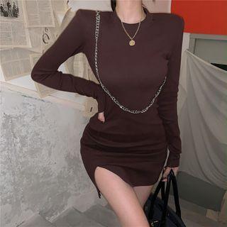 Plain Long-sleeve Slit Mini Bodycon Dress