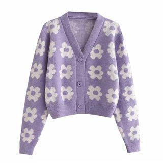 V-neck Floral Cardigan Purple - One Size