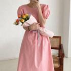 Short-sleeve Open Back Midi A-line Dress Pink - One Size