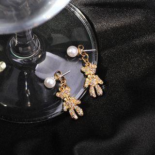 Faux Pearl Rhinestone Bear Dangle Earring 1 Pair - 6 - Faux Pearl Rhinestone Bear Dangle Earring - One Size