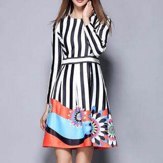 Striped Floral Print A-line Dress