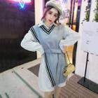Set: Contrast Trim Knit Vest + Striped Long-sleeve Collared Dress