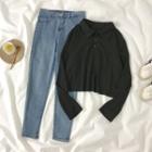 Polo-neck Knit Top / Washed Skinny Jeans