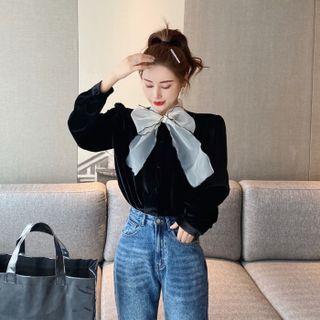 Bow-neck Velvet Blouse