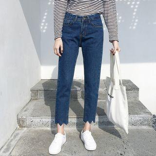 Wave Hem Straight Cut Cropped Jeans