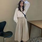 Flared-cuff Stand-collar Shirt / Elastic-waist Plain Midi A-line Skirt