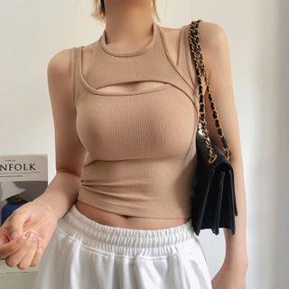 Mock Two-piece Cutout Plain Ribbed Crop Tank Top