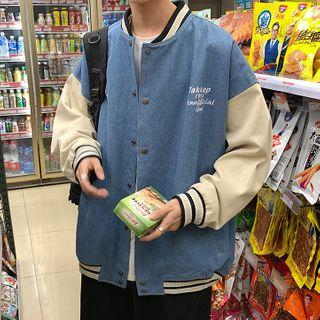 Lettering Denim Panel Baseball Jacket