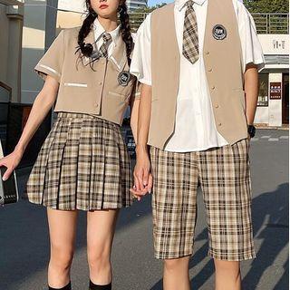 Couple Matching Plaid Shorts / Mini A-line Skirt / Neck-tie / Jacket / Vest / Shirt / Set