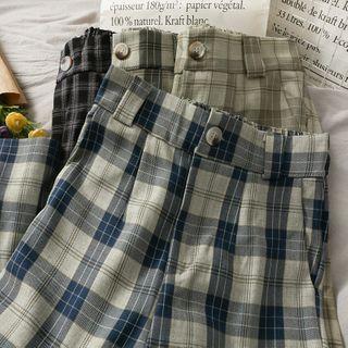 Elastic High-waist Plaid Wide-leg Pants