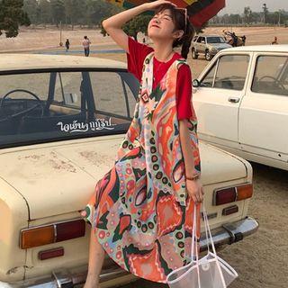 Short-sleeve Plain T-shirt / Midi Printed Pinafore Dress