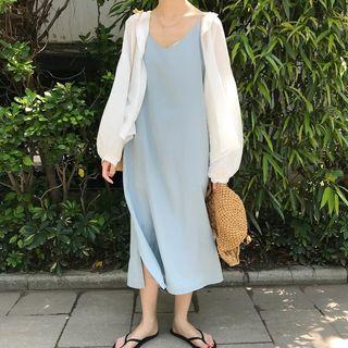 V-neck Midi Spaghetti Strap Dress / Plain Blouse
