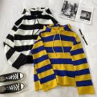 Color-block Striped Drawcord Hooded Knit Top