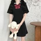 Sailor Collared Short-sleeve A-line Dress / Bow Tie
