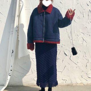 Fleece Collar Zip Jacket / Fringed Maxi H-line Skirt