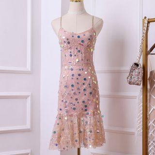 Spaghetti Strap Sequined Lace Dress