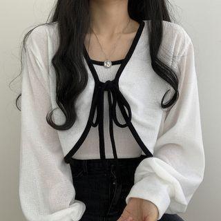 Set: Contrast Trim Tie-strap Cardigan + Camisole Top