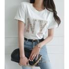 Letter Patch Studded T-shirt