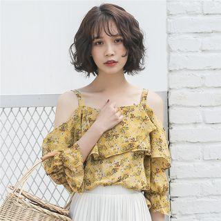 Floral Print Cold Shoulder 3/4-sleeve Top