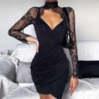Cutaway-front Lace-yoke Bodycon Dress Black - One Size