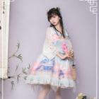 Printed Ribbon Wide-sleeve A-line Dress / Ribbon Headpiece