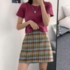 Short-sleeve Plain T-shirt / Plaid Mini A-line Skirt