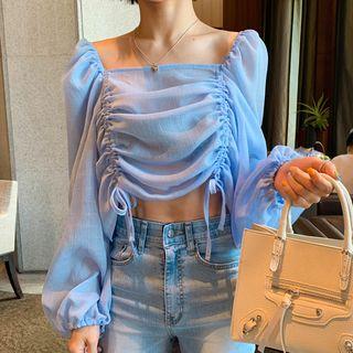 Lantern-sleeve Drawstring Cropped Top Sky Blue - One Size