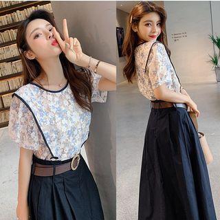 Set: Lace Short-sleeve Top + Midi A-line Skirt