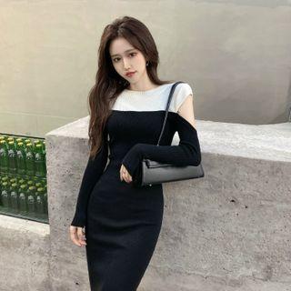 Long-sleeve Paneled Mini Sheath Knit Dress As Shown In Figure - One Size