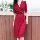 Short-sleeve Patterned Buttoned Wrap Dress