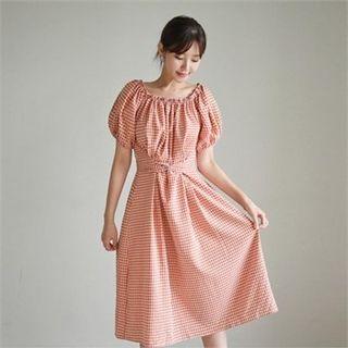 Off-shoulder Tie-waist Gingham Dress