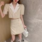 Short-sleeve Cropped Double-breasted Shirt / A-line Skirt