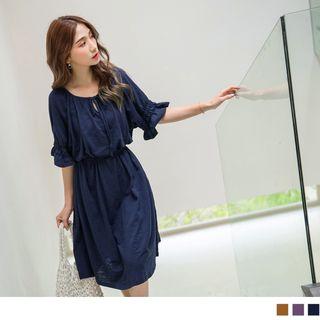 Gather-cuff Tie-waist Midi Dress