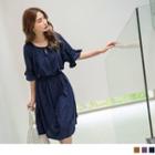Gather-cuff Tie-waist Midi Dress