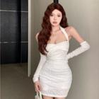 Set: Halter Plain Mini Sheath Dress + Arm Sleeves