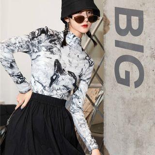 Marble Print Long-sleeve Slim-fit Top