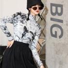Marble Print Long-sleeve Slim-fit Top
