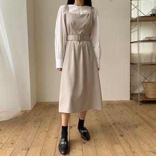 Set: Balloon-sleeve Blouse + Pintuck-waist Jumper Dress With Belt