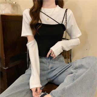 Set: Long-sleeve Cutout T-shirt + Knit Camisole Top
