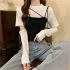 Set: Long-sleeve Cutout T-shirt + Knit Camisole Top