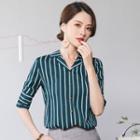 Striped Elbow-sleeve Shirt / Pencil Skirt / Set