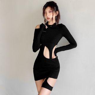 Long-sleeve Mock Two-piece Cut-out Mini Sheath Dress