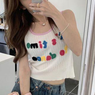 Letter Applique Contrast Trim Tank Top White - One Size