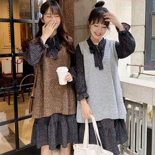 Plaid Long-sleeve A-line Dress / V-neck Knit Vest