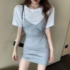 Mock Two-piece Drawstring Mini T-shirt Dress