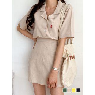 Set: Open-placket Pocket-detail Shirt + Miniskirt