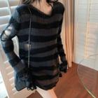 Striped Distressed Sweater Black & Gray - One Size
