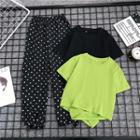 Set: Short-sleeve Front Knot T-shirt + Dotted Harem Pants