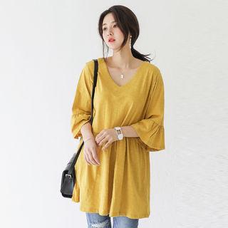 Ruffled 3/4-sleeve Shirred Tunic
