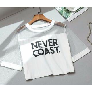 Short-sleeve Lettering T-shirt / Midi A-line Mesh Skirt / Set